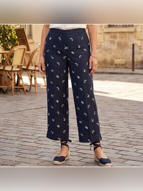 Talbots Petites Irish Linen Navy Parisian Embroidered Pants Size 12W